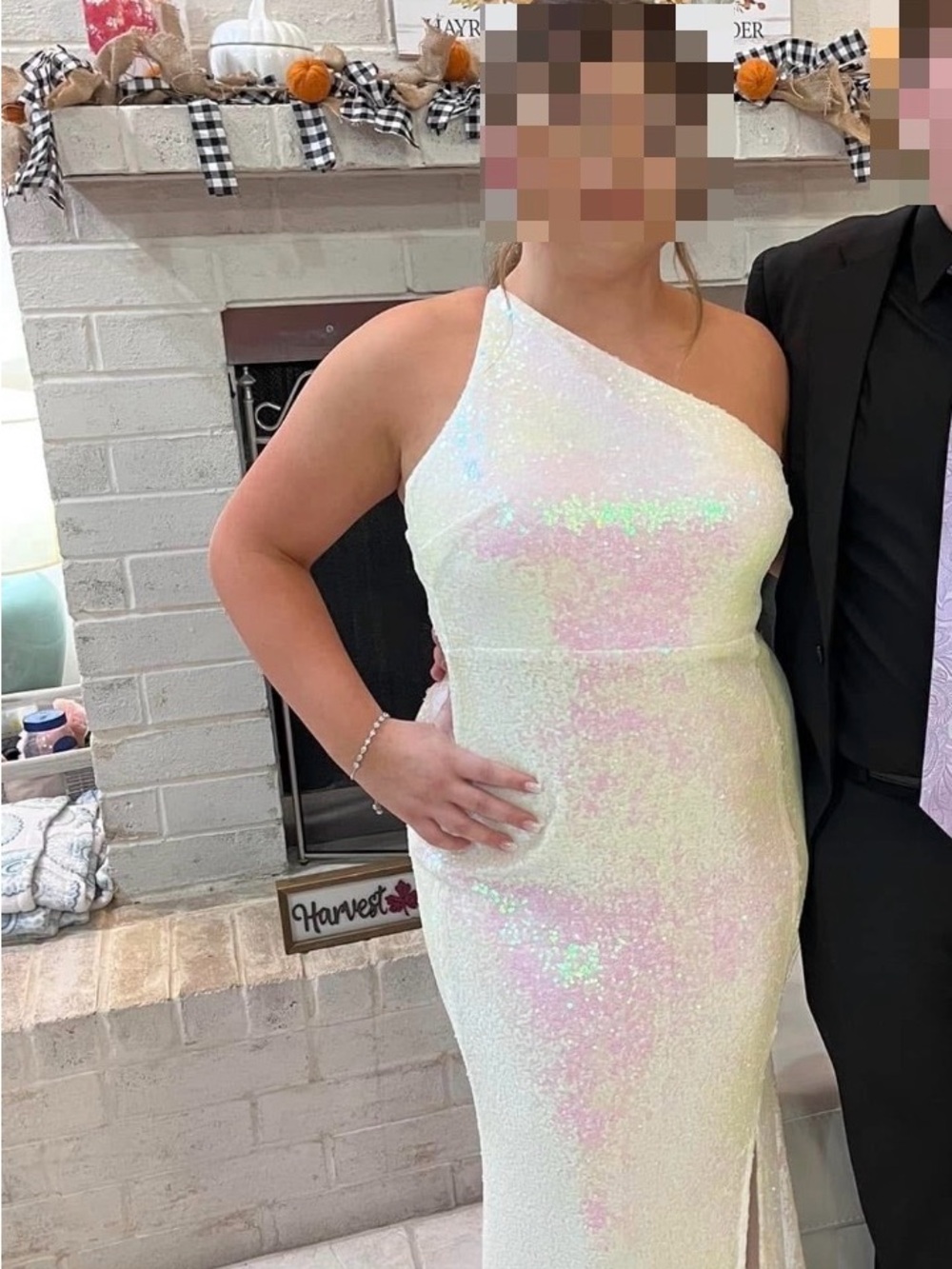 Windsor One-Shoulder Iridescent Sequin Gown in White